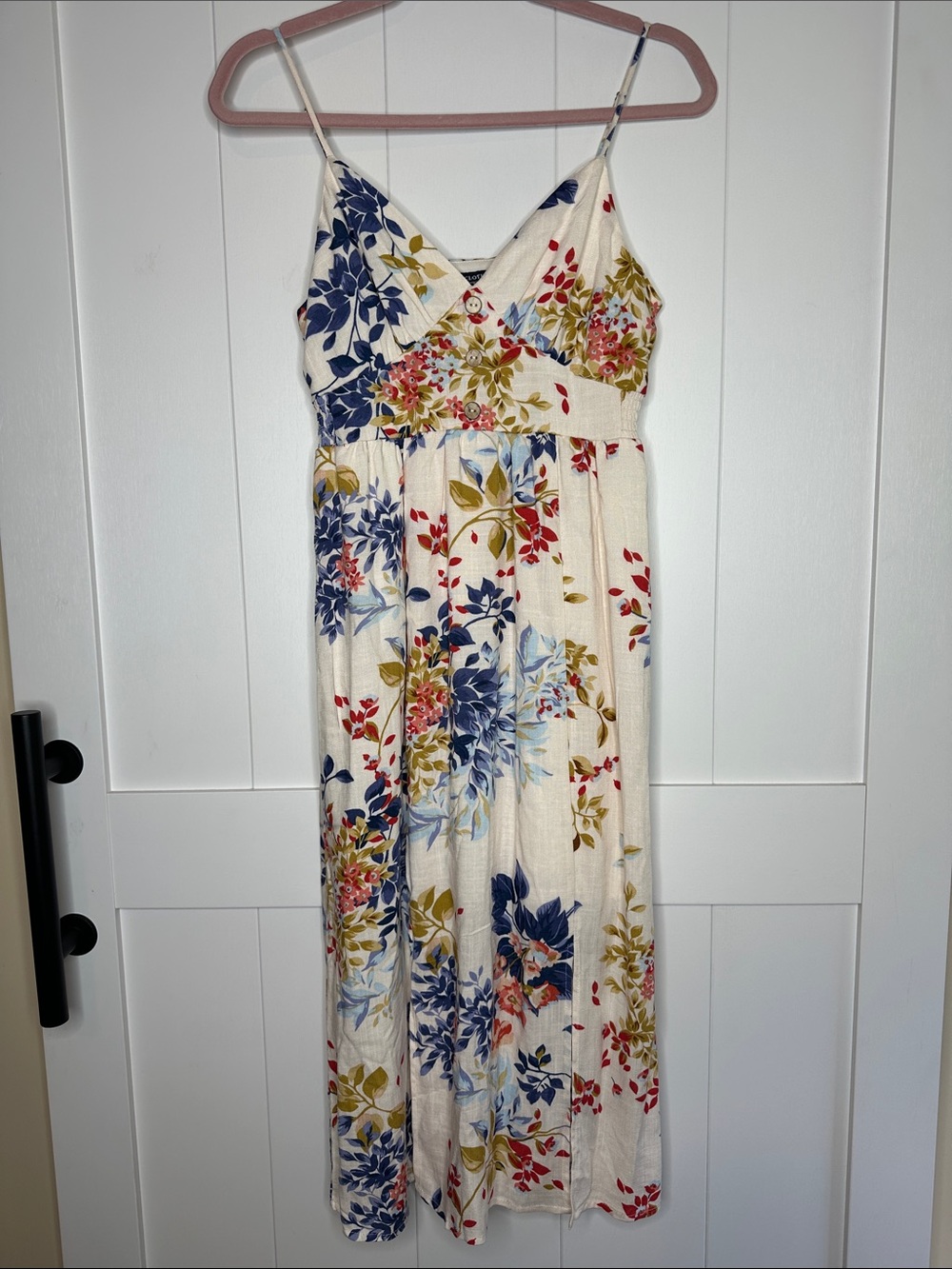 Cream Floral Midi Dress with Blue and Olive Accents